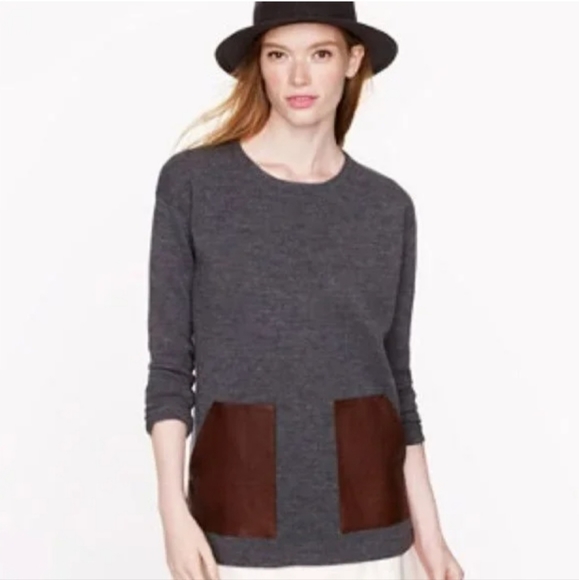 J. Crew Sweaters - J. Crew gray merino wool crew neck sweater with leather pockets